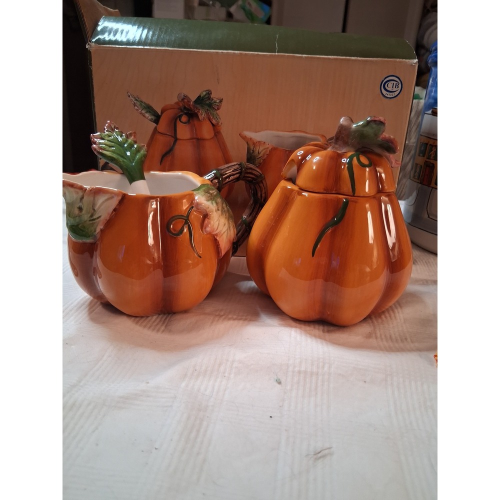 Vintage 2002 Mervyns Pumpkin Ceramic Creamer and Sugar Bowl Set with Leaf Spoon